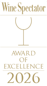 Wine Spectator Award of Excellence 2026 logo, featuring stylized gold text and a minimalist wine glass illustration on a white background.